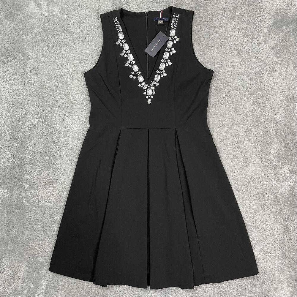 Tommy Hilfiger Fit & Flare Dress Womens 10 Black Rhinestone Trim Embellished NWT
